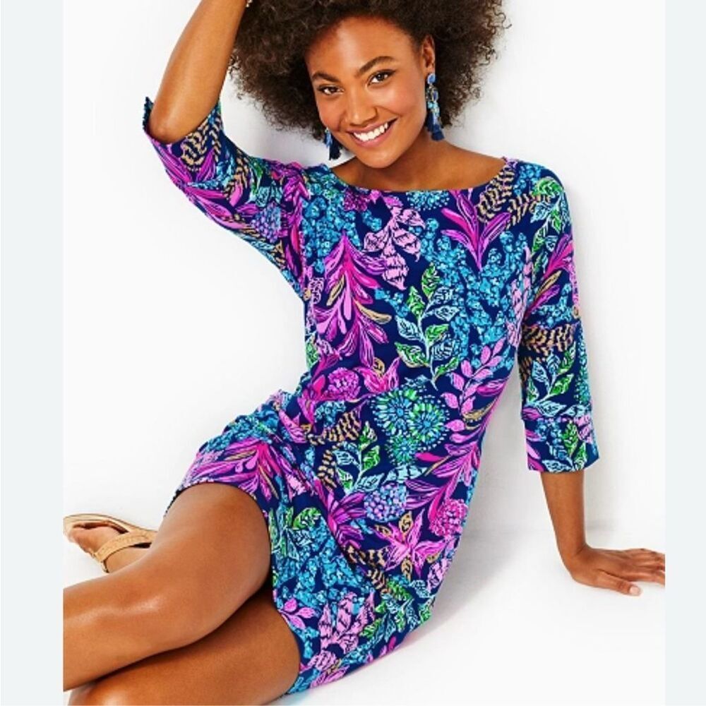 Lilly Pulitzer Braedyn UPF 50+ ChillyLilly Dress Aegean Navy Calypso Coast Print